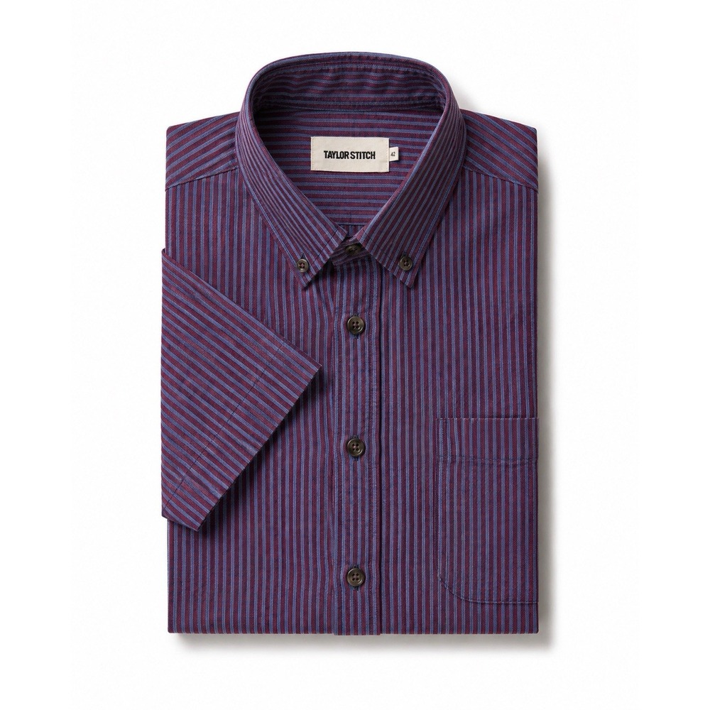 Taylor Stitch Jack Shirt Mens 42 Burgundy Blue Striped Short Sleeve Oxford L